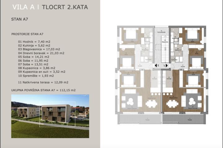 Istra, Labin - prekrasni penthouse u urbanoj villi, A7 2. kat, NKP 112. 15 m2 - pogled na more