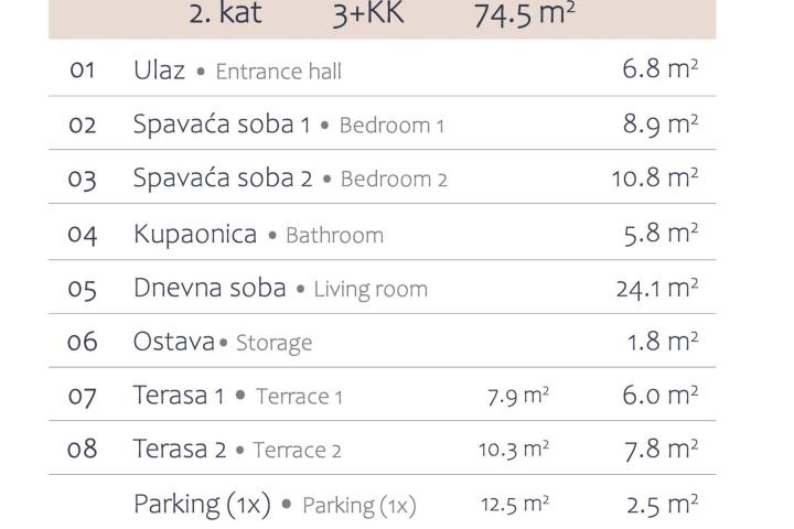 Istra, Premantura - luksuzni trosobni stan s dvije terase, 1. kat, A202, NKP 74. 50 m2 - 500 od mora
