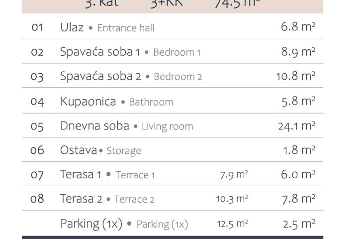 Istra, Premantura - luksuzni trosobni stan s dvije terase, 2. kat, A302, NKP 74. 50 m2 - 500 od mora