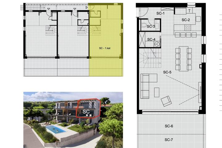 Šibenik-okolica, stan 148, 9 m2 zgrada s bazenom, 50m od mora