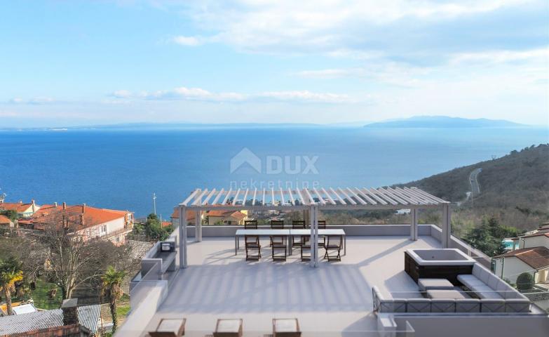 OPATIJA, BREGI - stan u prizemlju 70m2 s panoramskim pogledom na more i bazenom + okućnica 150m2