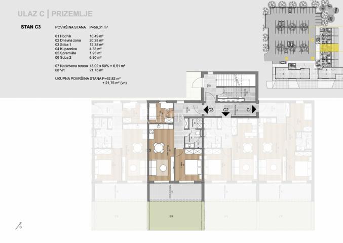 Labin, centar - 2S+DB s vrtom, 62, 82 m2 + 21, 75 m2