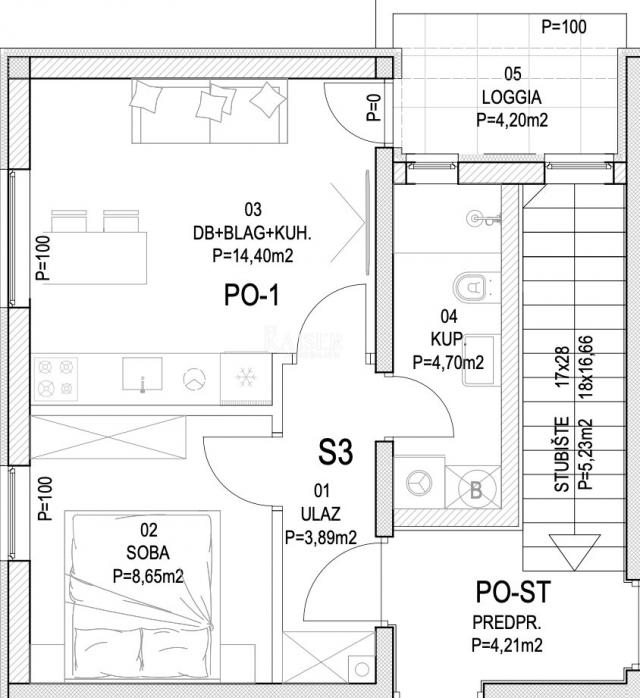 Barban - Neubau, 1 Schlafzimmer + Wohnzimmer mit Loggia, 36 m2