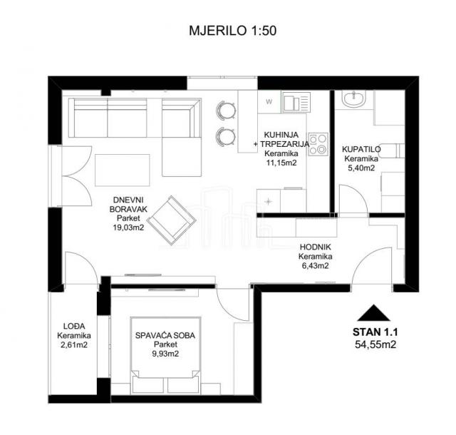 Two-room apartment 54.54m2 Stup Sale