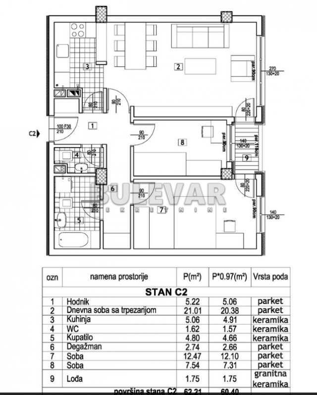 Prelep trosoban stan, novogradnja  64m2, 3. sprat,   blizu Doma Vojske