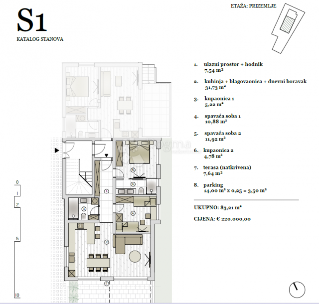 VODICE NOVI PREKRASNI DVOSOBAN STAN U PRIZEMLJU S1 83, 21 M2