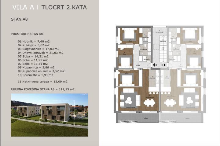 Istra, Labin - prekrasni penthouse u urbanoj villi, A8 2. kat, NKP 112. 15 m2 - pogled na more