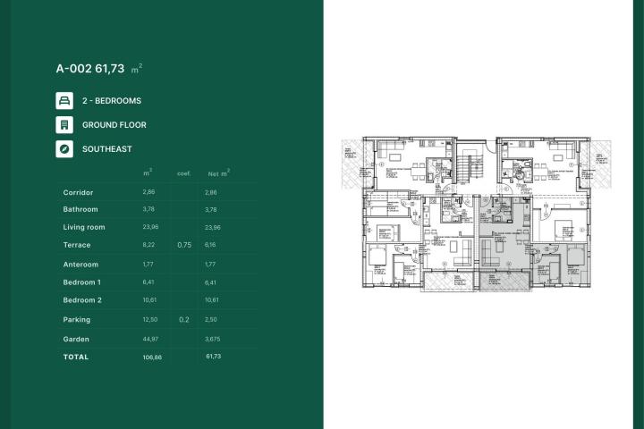 Zadar, Privlaka, NOVOGRADNJA luksuzan dvosoban stan NKP 61, 73 m2 s vrtom