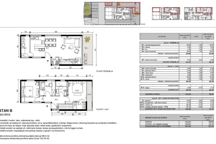 Rovinj, trosobni dvoetažni stan B u prizemlju NKP 123 m2 novogradnja, parkirno i garažno mjesto, vrt