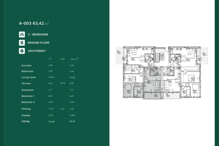 Zadar, Privlaka, NOVOGRADNJA luksuzan dvosoban stan NKP 63, 42m2 s vrtom