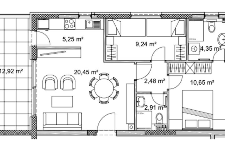 Zadar, Diklo vrhunski dvosoban stan na prvom katu NKP 68, 25 m2, blizina plaže