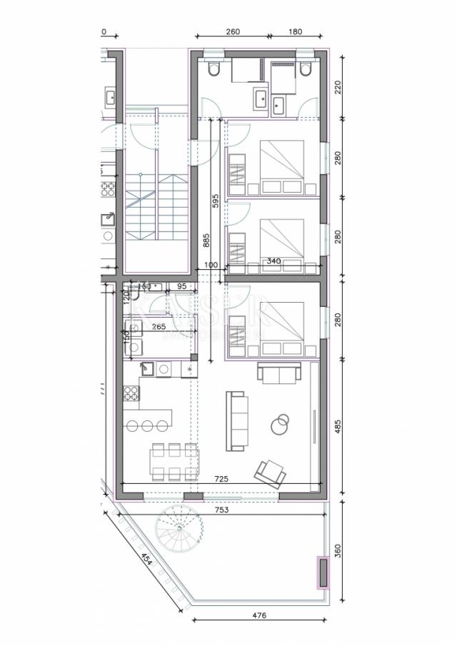 Sukošan - penthouse 132m2, 100m do mora, pogled more