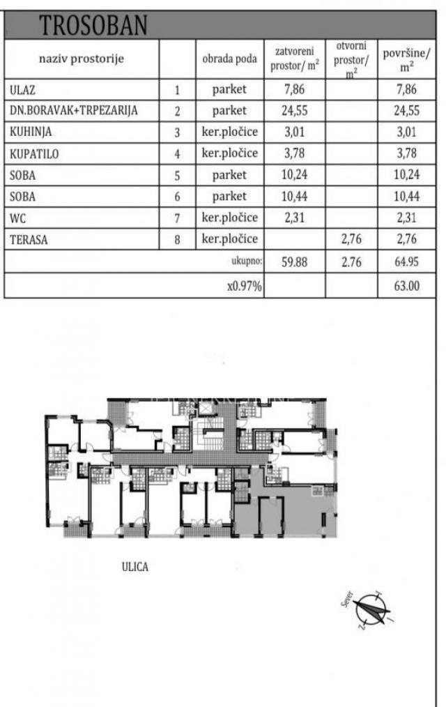 Trosoban stan, 63m2, PDV