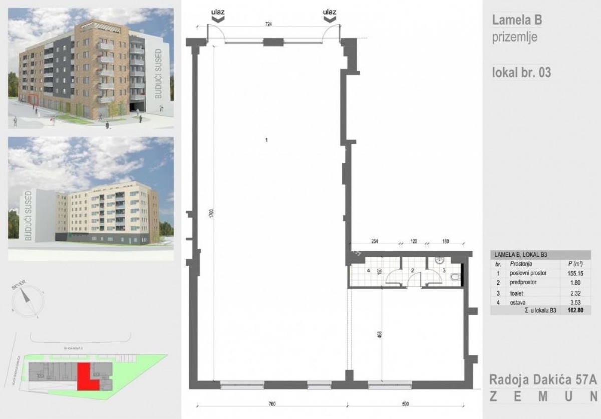 Zemun, Radoja Dakića, 162, 80m2, Open space, Lokal - Poslovni prostor, Novogradnja