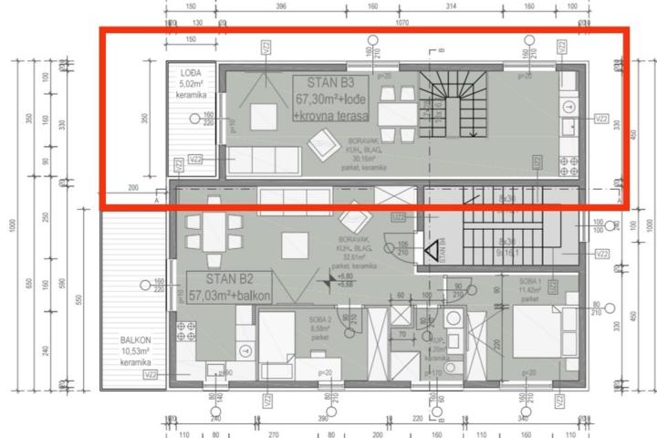 Zadar, Vir – Dvoetažni apartman B3 površine 74, 8 m2 s krovnom terasom površine 31 m2