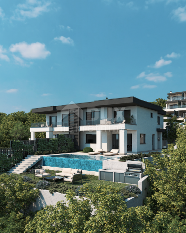 RIJEKA, KOSTRENA – exklusive Doppelhaus-Villa mit Infinity-Pool, Garage, Garten, Panoramablick auf d