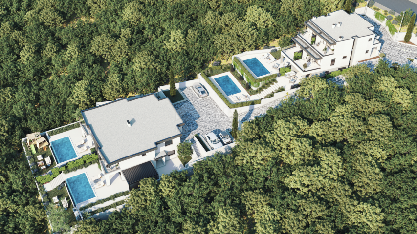 RIJEKA, KOSTRENA – exklusive Doppelhaus-Villa mit Infinity-Pool, Garage, Garten, Panoramablick auf d