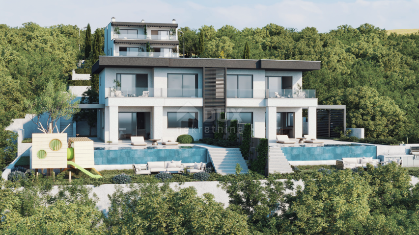 RIJEKA, KOSTRENA – exklusive Doppelhaus-Villa mit Infinity-Pool, Garage, Garten, Panoramablick auf d