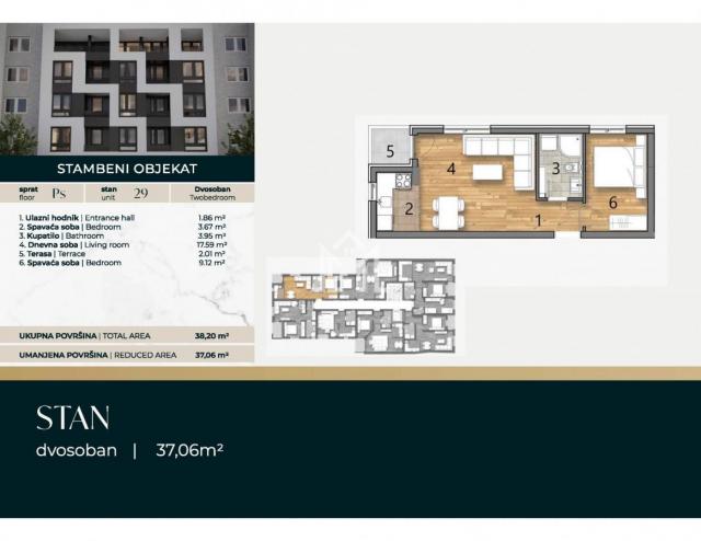 Dvosoban stan 37. 06m2, četvrti sprat, sa PDV-om