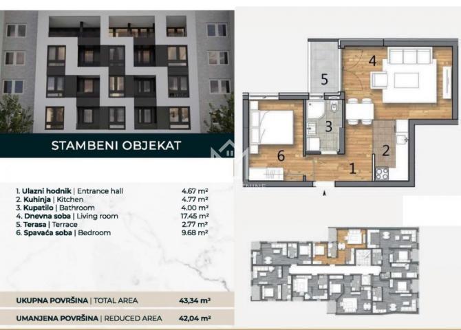 Dvosoban stan, 42. 04m2, prvi sprat, sa PDV-om