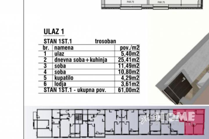 Batajnica- centar, 3. 0s, 61m2, NOV, BEZ PROVIZIJE