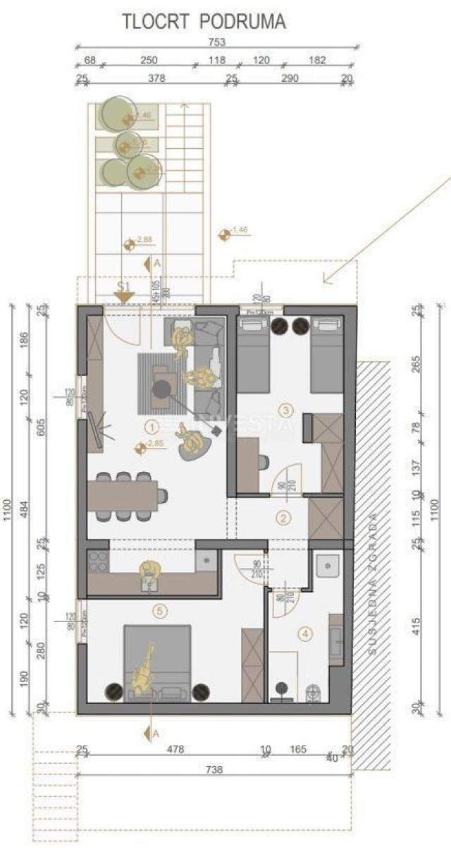 Fazana, Wohnung in einem Gebäude 74,80 m2, 2 Schlafzimmer + Wohnzimmer, 450 m vom Meer entfernt