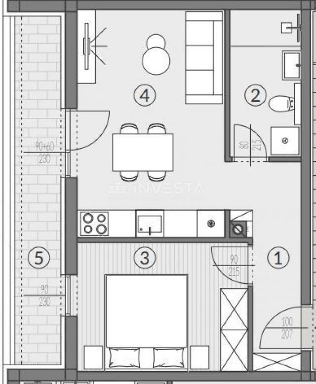 Pula area, one-room apartment on the 2nd floor of a new building, parking