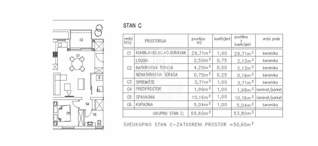 Wohnung Žminj, 53,80m2