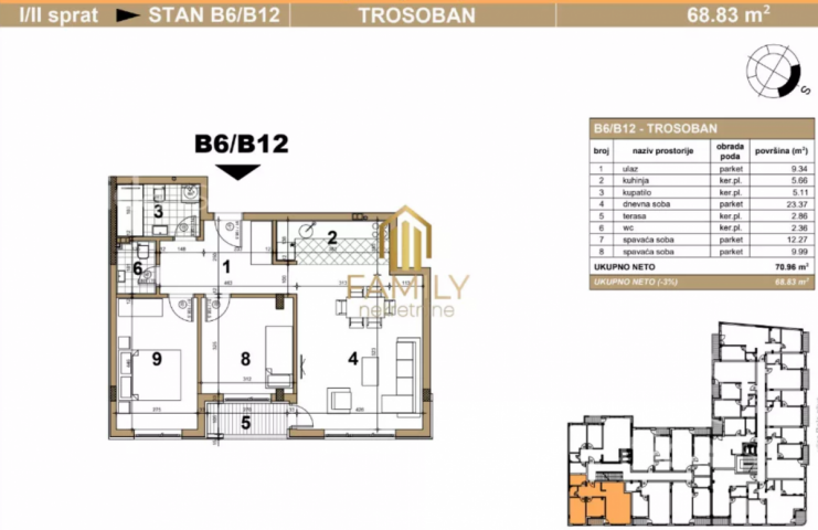 Prodaje se trosoban stan na Podbari, 69m²