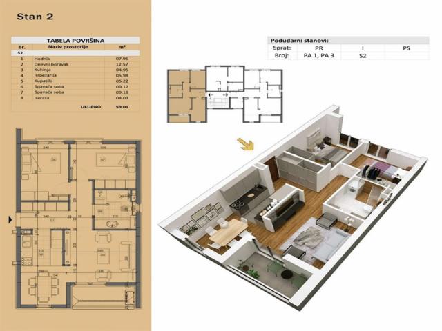 Prodajemo trosoban stan u izgradnji, 59m2, Surčin, Krušedolska 