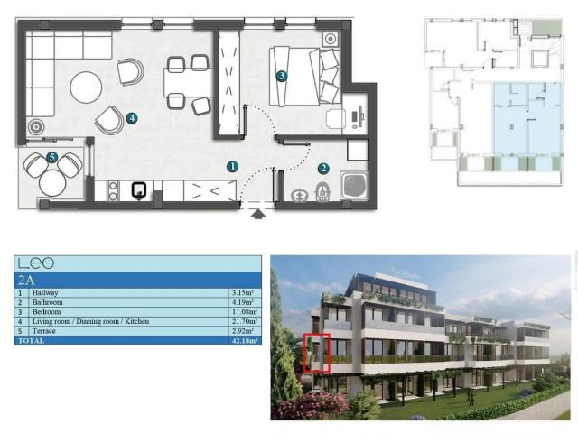 Jednosoban stan 42.77m2+31.55m2 gratis terase u novom stambenom kompleksu sa bazenom-Kumbor, Herceg 