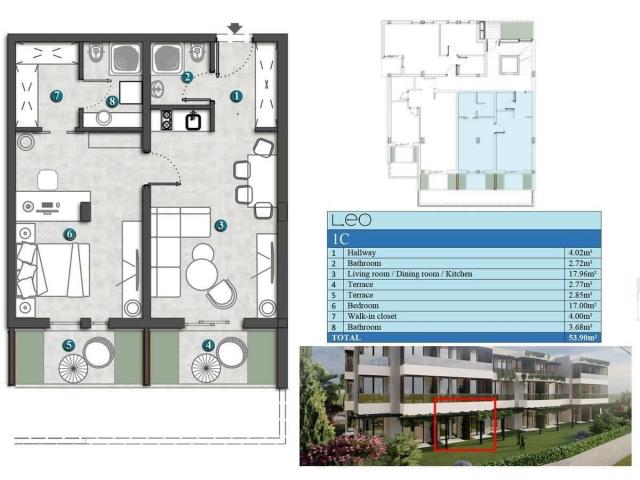 Dvosoban stan 75.78m2 + 58.88m2 gratis terase u novom stambenom kompleksu sa bazenom-Kumbor, Herceg 