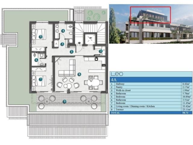 Jednosoban stan 64m2 + 31.77m2 gratis terase u novom stambenom kompleksu sa bazenom-Kumbor, Herceg N