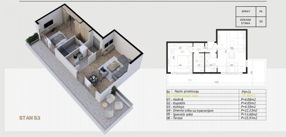 Jednosoban stan 80.93m2 u novogradnji – Budva, Potkošljun