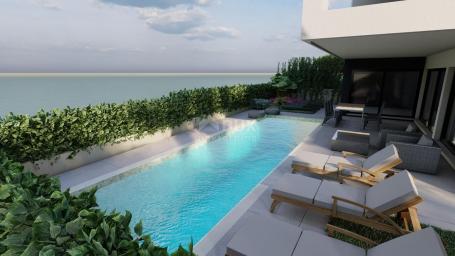 ZADAR, PRIVLAKA - Luxusapartment mit Swimmingpool im Bau, 1. Reihe zum Meer S1