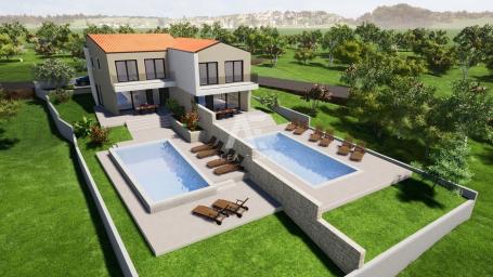 Malinska, surroundings, semi-detached house under construction with a swimming pool in a quiet locat